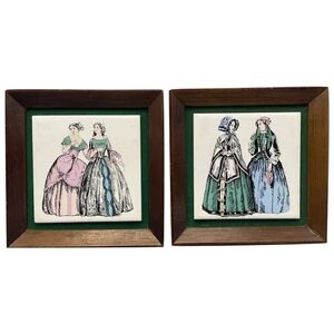 Vintage Pair of Framed Ceramic‎ Tiles Victorian Fashion Napcoware Japan